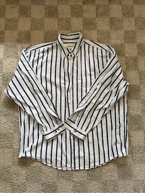 Eddie Bauer White Button-Down Shirt with Navy Stripes